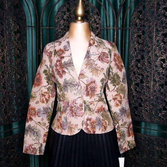 90s Botanical Tapestry Tailored Fit Blazer Neutral Crazy Horse Liz Claiborne, S - Picture 1 of 7